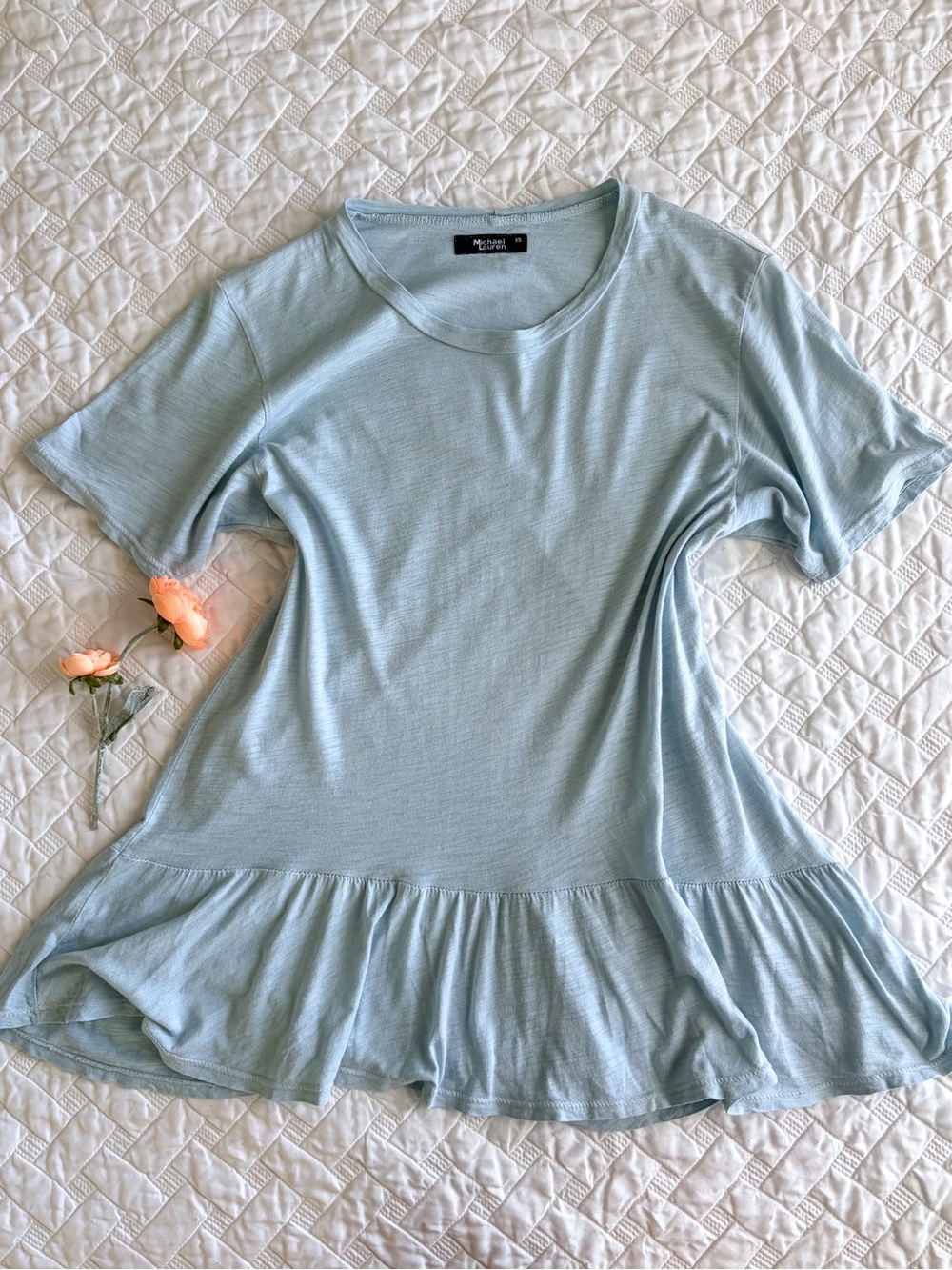 Michael Lauren Blue Ruffle Hem Tee Top Size XS Cotton Shirt